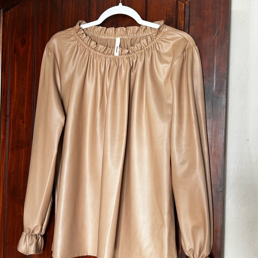Lilypad Faux Leather Tan Taupe Long-Sleeve Peasant Blouse